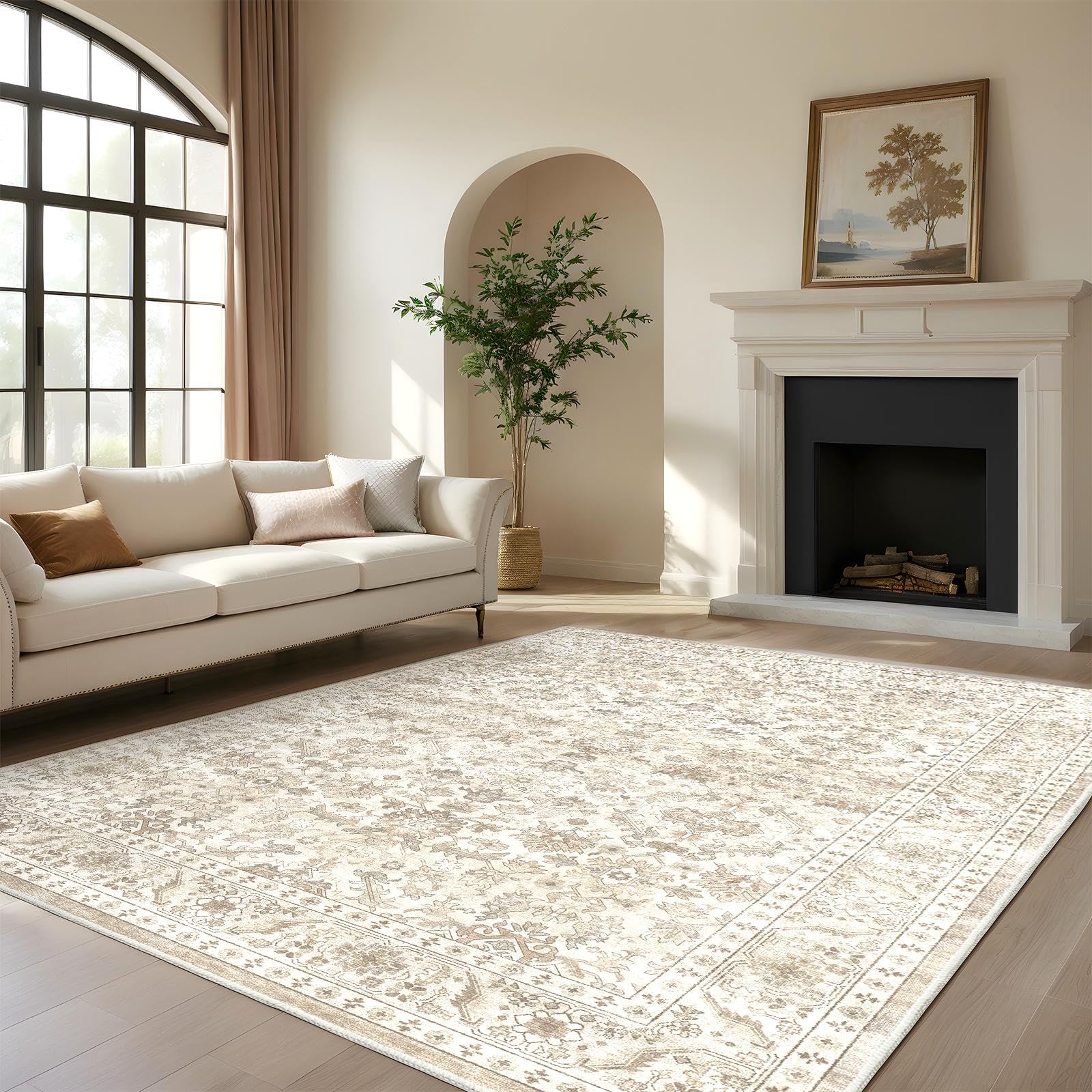 HOMFINE Beige Vintage Teppich Wohnzimmer 300x400 cm - Waschbarer Kurzflor mit Rutschfester Unterseite, weicher Boho Retro für Schlafzimmer Esszimmer Flur