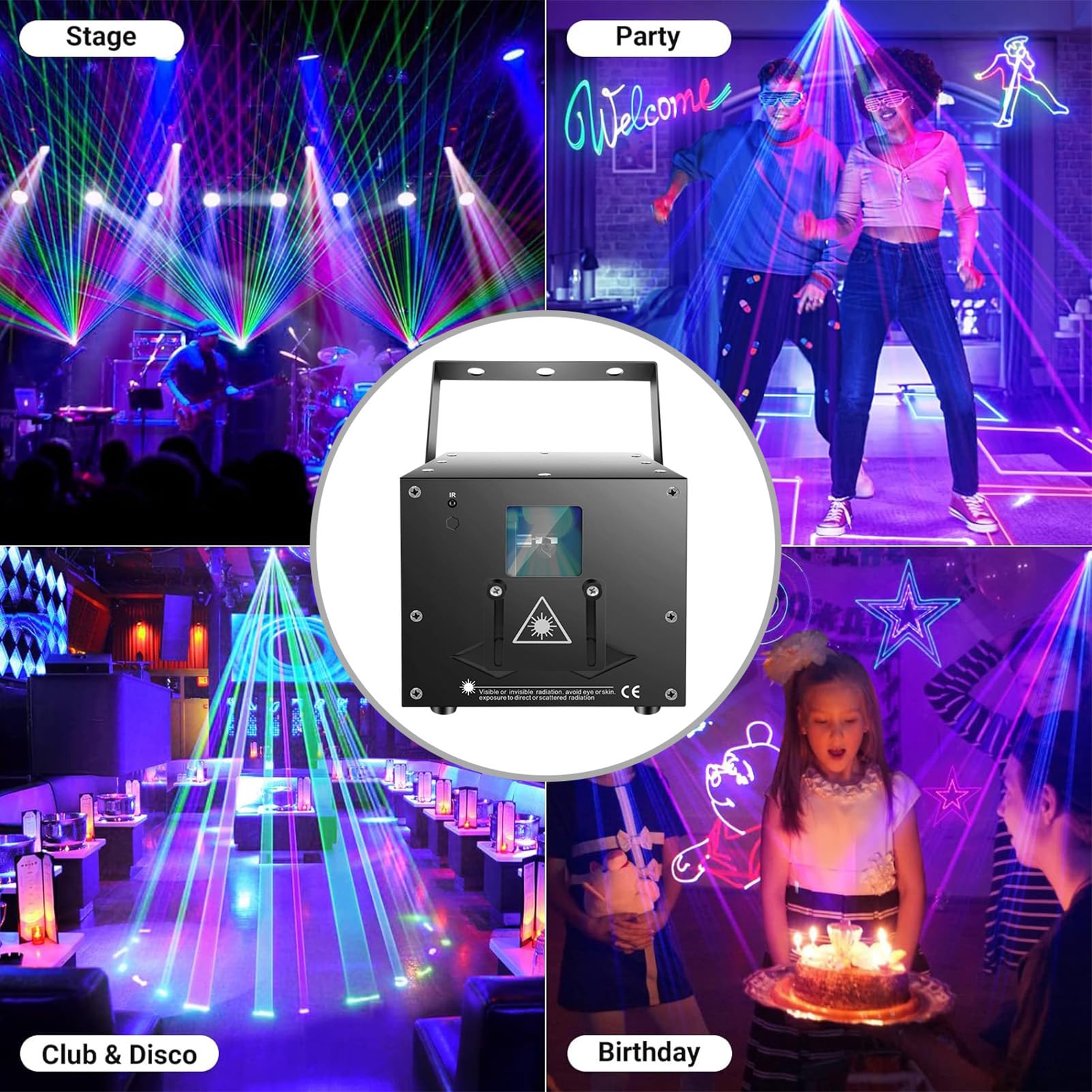 Eacam Luz de Escenario de Animación 3D, Iluminación RGB para DJ para Clubes, Fiestas, Bodas, KTV, Luces Discoteca DMX512 Activadas por Sonido con (Aplicación enchufe europeo 3W)