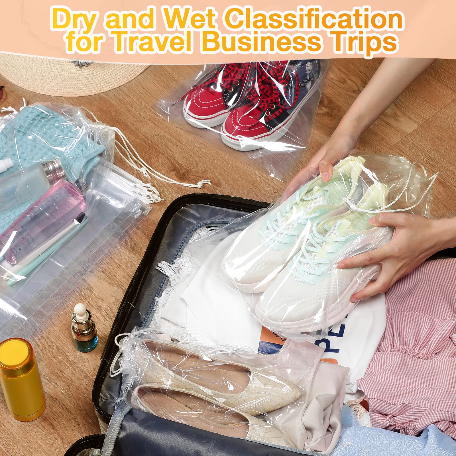 100 Packungen Schuhbeutel für Reisen, 25,4 x 35,6 cm, groß, transparent, mit Kordelzug, Kunststoff, wasserdicht, Schuhverpackungstaschen, Aufbewahrungsbeutel mit Seil für Männer und Frauen,