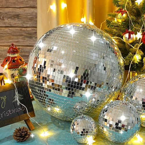 Miniatura 9 de Paquete de 4 bolas de discoteca grandes colgantes plateadas, esferas de discoteca reflectantes para fiestas, vacaciones, bodas, bailes y festivales