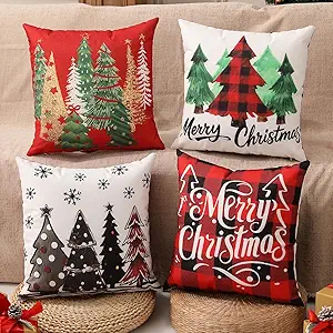 Double-Sided Print Christmas Pillow Covers 20"x20" Set of 4, 8 Cute Christmas Patterns, Tree, Truck, Joy, Merry Christmas, Let It Snow, Snowman Etc, Perfect for Home Decor