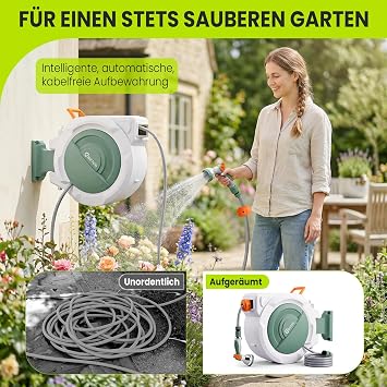 Hose Reel 30 m + 2 m 180° Swivel Automatic Return No manual winding required. Automatic return ensures tidy hose storage in the garden.