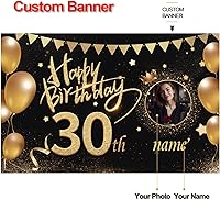 Vista 2 de Custom Happy Birthday Banner,Customize Photo Name and Age Banners Decorations Backdrop for Women Men Boys Girls, Personalization Birthday Banners