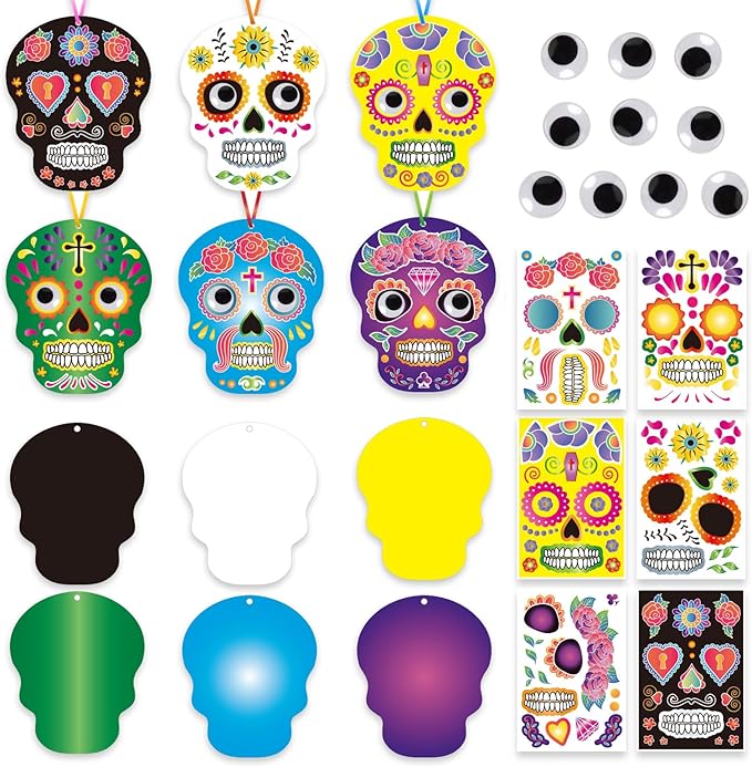 HOWAF 24 Pieces Day of The Dead Craft Kits Dia De Los Muertos Stickers with 40pcs Eye Stickers Decorations Make Your Own Skull Hanging Ornament, Day of The Dead Ornaments Set for Class Activities