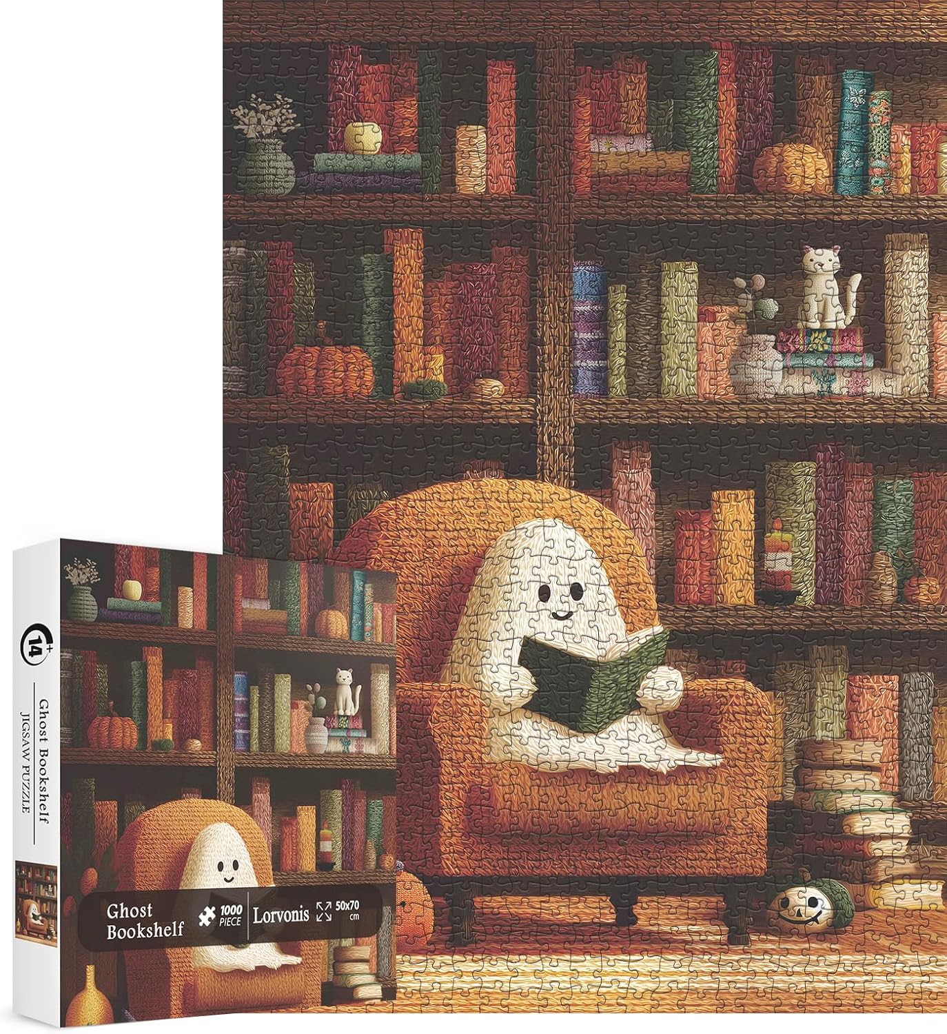 Cozy Bookshelf Ghost Puzzles for Adults 1000 Pieces. Cute Halloween Patchwork Jigsaw Puzzles. Challenging Book,Pumpkin,Cat Art Puzzles