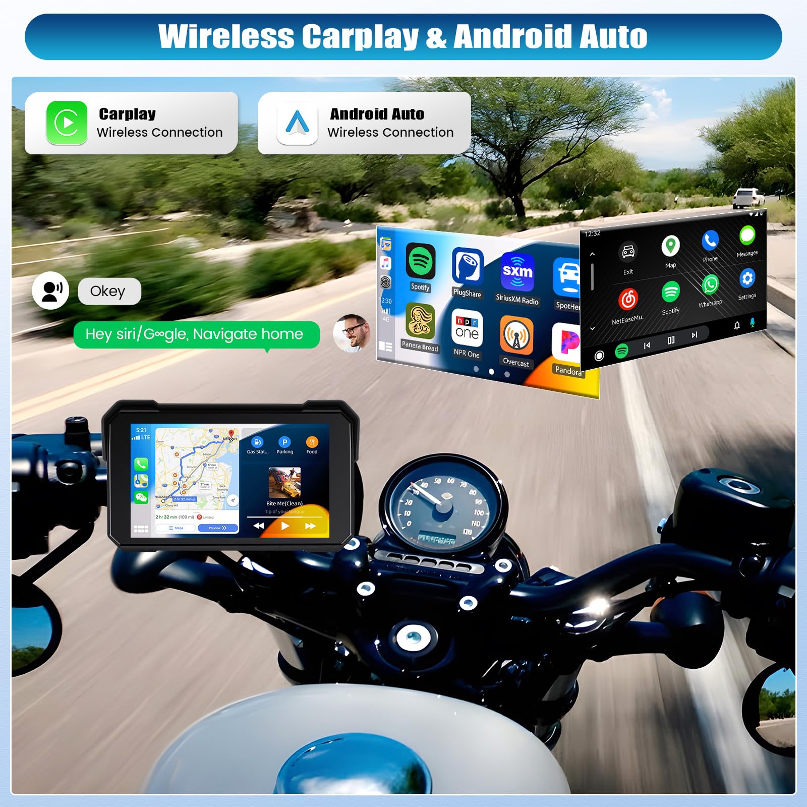 Motorrad Navigationssystem mit CarPlay Bildschirm, kabellosem CarPlay Android Auto, Tragbarem, Wasserdichtem 5 Zoll Touchscreen Motorrad Navigationssystem mit Bluetooth Siri