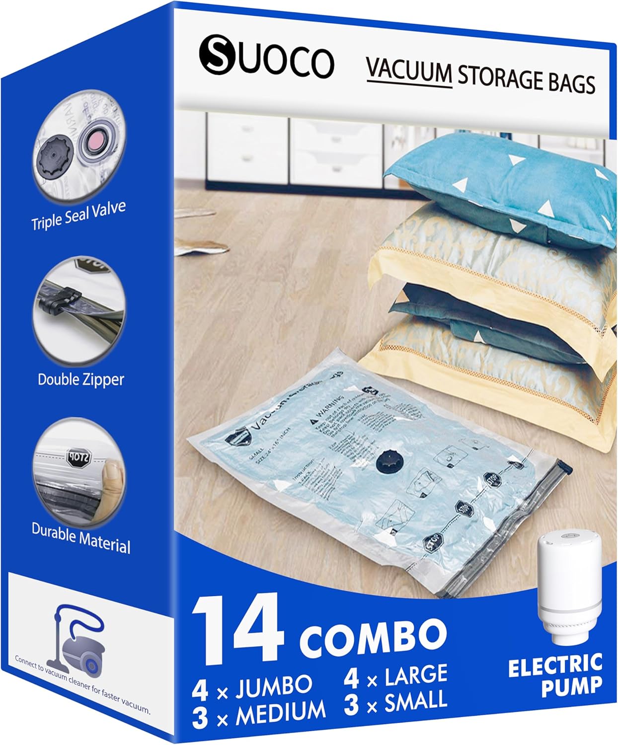 SUOCO 14 Combo Vacuum Storage Bags with Electric Pump, (4 Jumbo, 4 Large, 3 Medium, 3 Small) Travel Clothes Space Saver Bags, Compression Airtight Seal Bags for Clothing, Pillows, Comforters, Blankets SUOCO 14 Combo Vacuum Storage Bags with Electric Pump, (4 Jumbo, 4 Large, 3 Medium, 3 Small) Travel Clothes Space Saver Bags, Compression Airtight Seal Bags for Clothing, Pillows, Comforters, Blankets