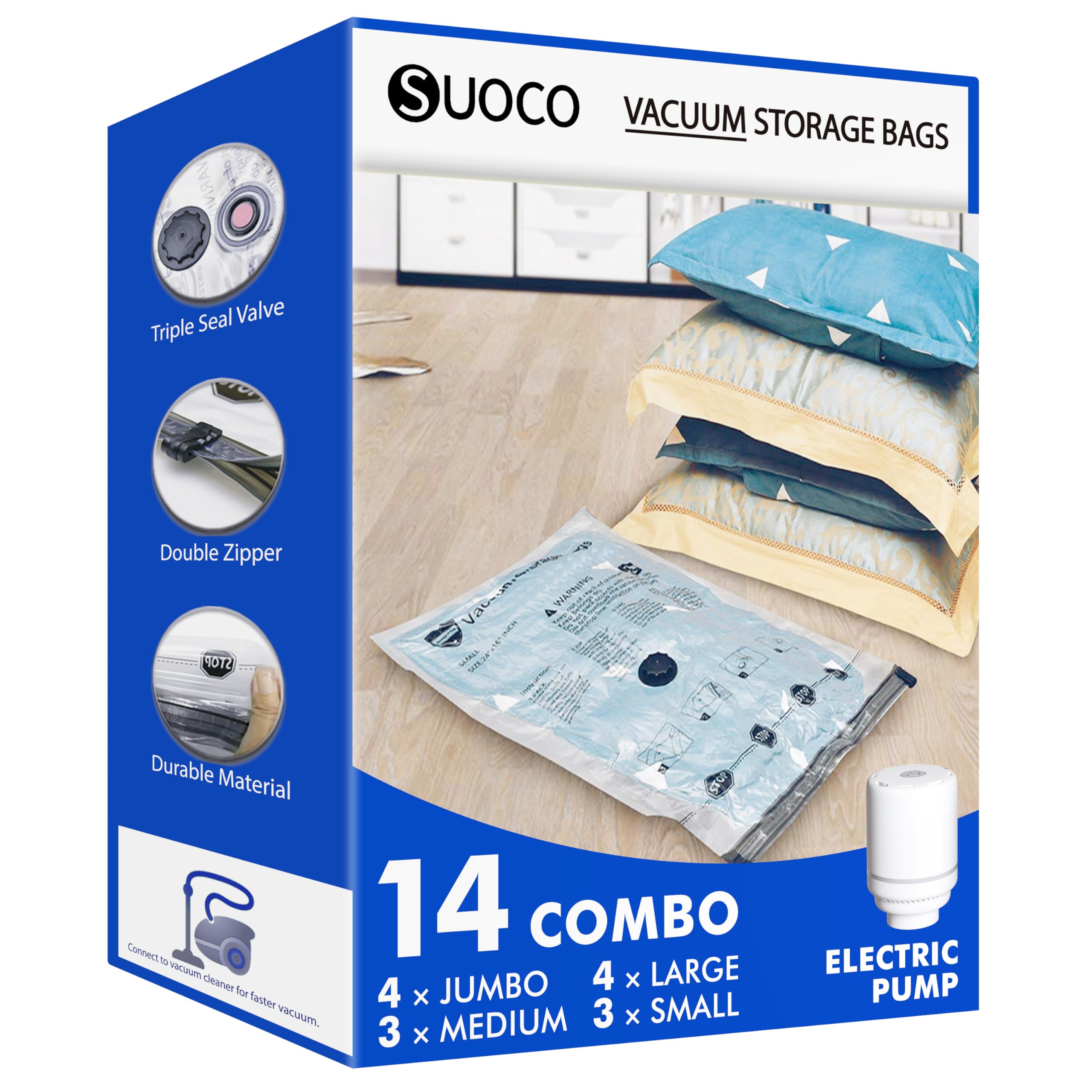 SUOCO Sacchi Sottovuoto Vestiti con Pompa Elettrica, 4 Jumbo, 4 Large, 3 Medium e 3 Small, Buste Salvaspazio per Vestiti, Piumoni, Armadi e Viaggi