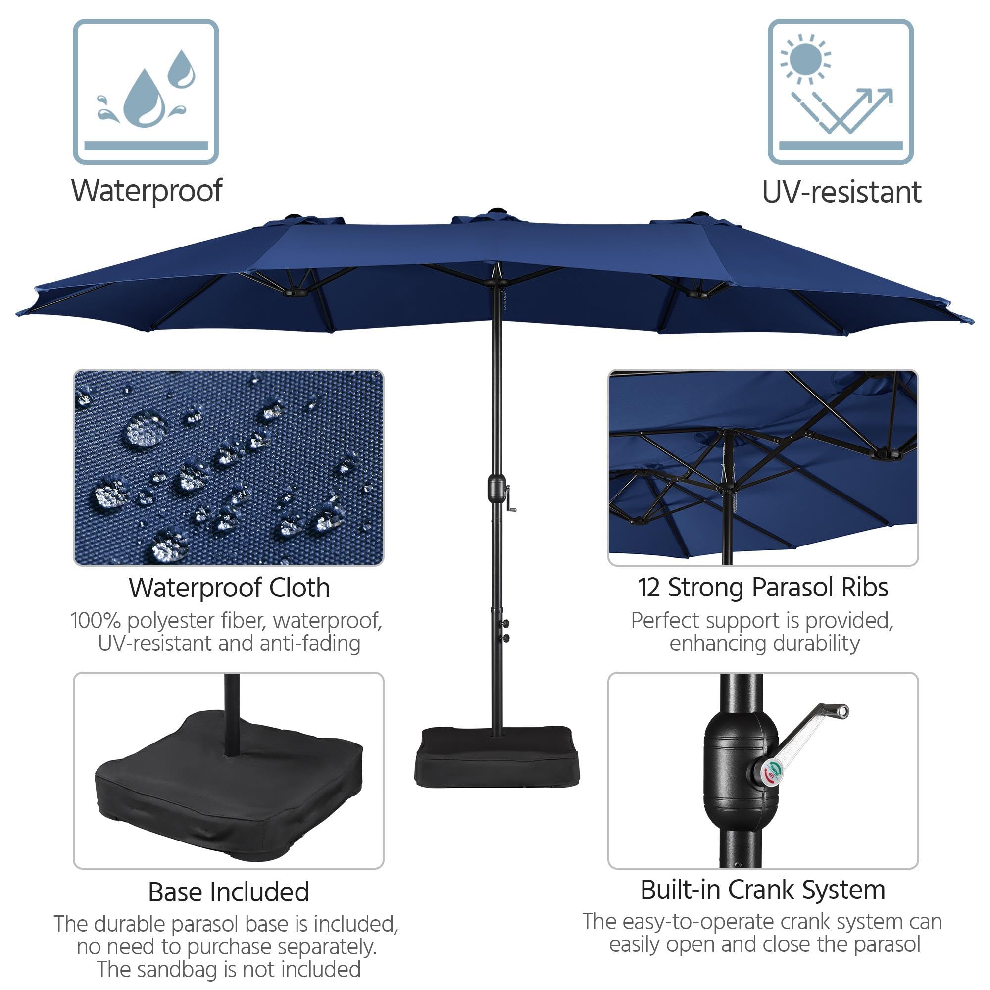 Amazon.com : Yaheetech 15 ft Triple-size Patio Umbrella w/Base Included -  Market Extra-Large Double Sided Umbrella - Twin-size Patio Parasol w/Easy  Crank & 12 Strong Ribs & Ventilation Openings, Navy Blue :