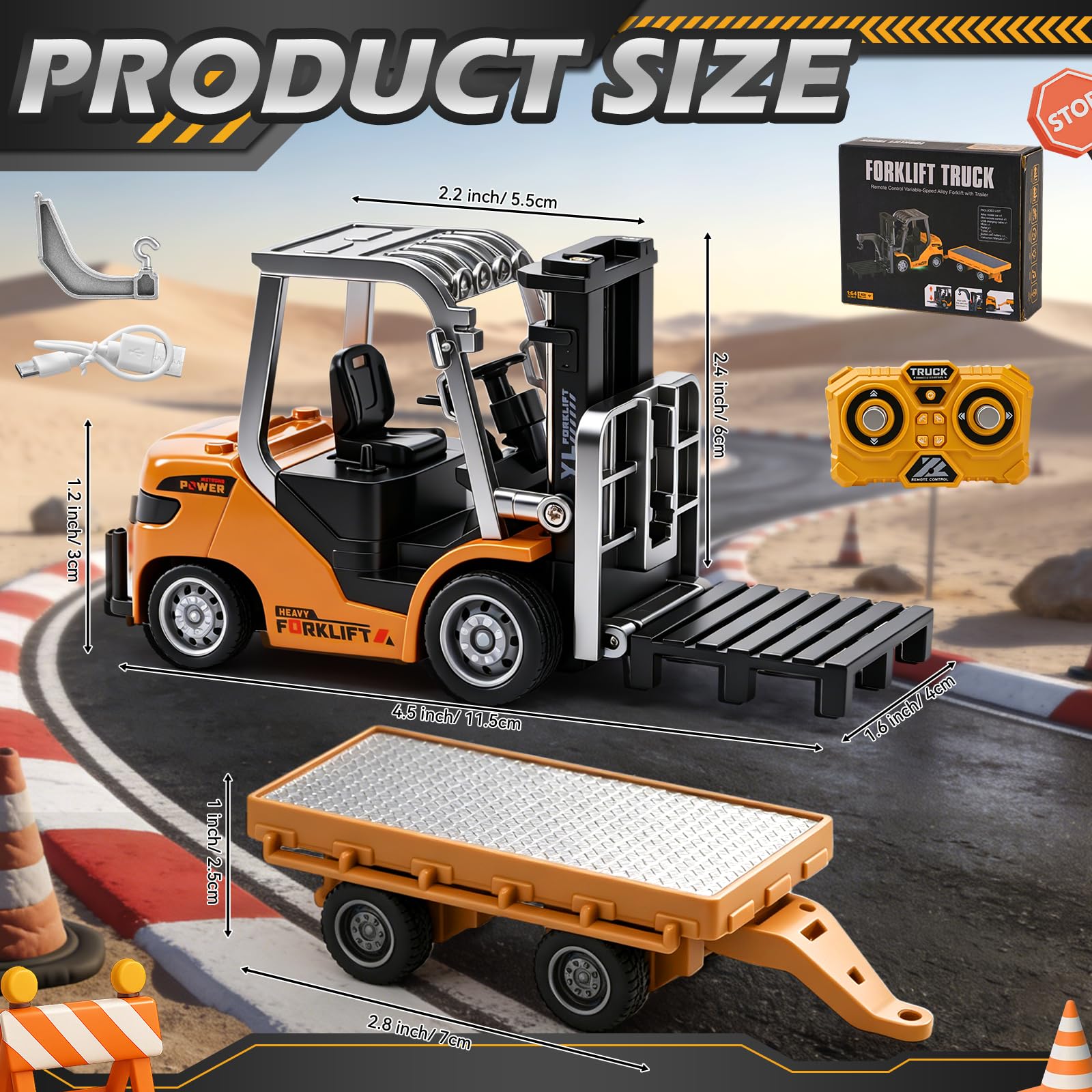 Mini Carrello Elevatore Giocattolo in Metallo con Rimorchio, 1:64 Carrello Elevatore Telecomandato con App e Telecomando 2,4 GHz, 3 Velocità, Forche, Gancio e Pallet, Veicolo da Cantiere RC