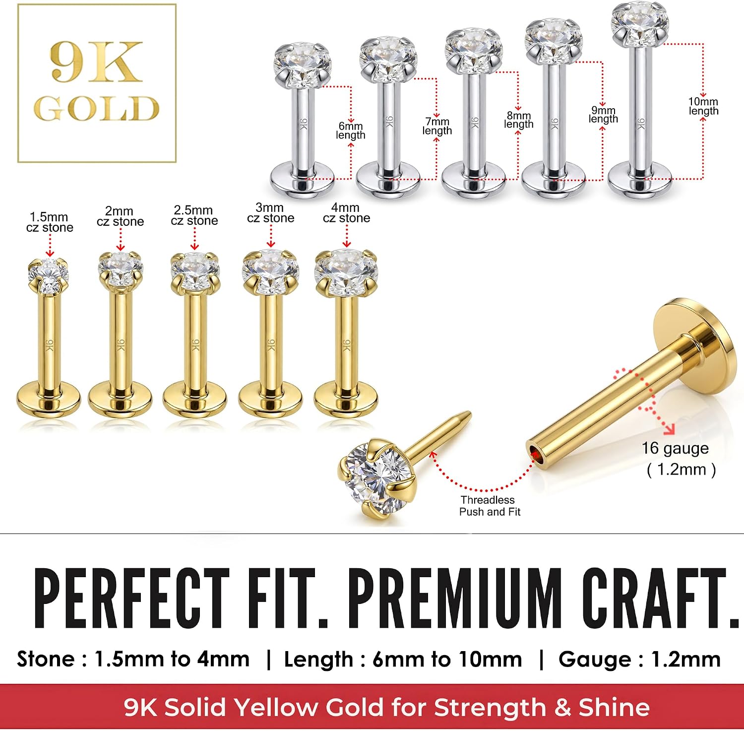 9K Solid Yellow Gold, White Gold Prong Set Round Cz Stone Threadless Top 16 Gauge - 6mm, 7mm, 8mm, 9mm, 10mm Length Flat Back Lip Labret - Conch - Cartilage, Helix - Tragus Piercing Jewelry
