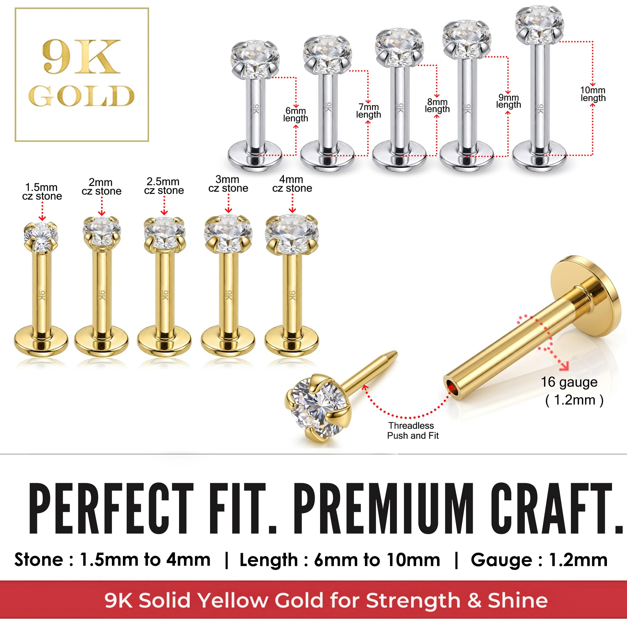Piercing de labio de oro amarillo macizo de 9 quilates, oro blanco, circonita cúbica redonda, sin rosca, parte superior de calibre 16, parte trasera plana, piercing de barra para tragus