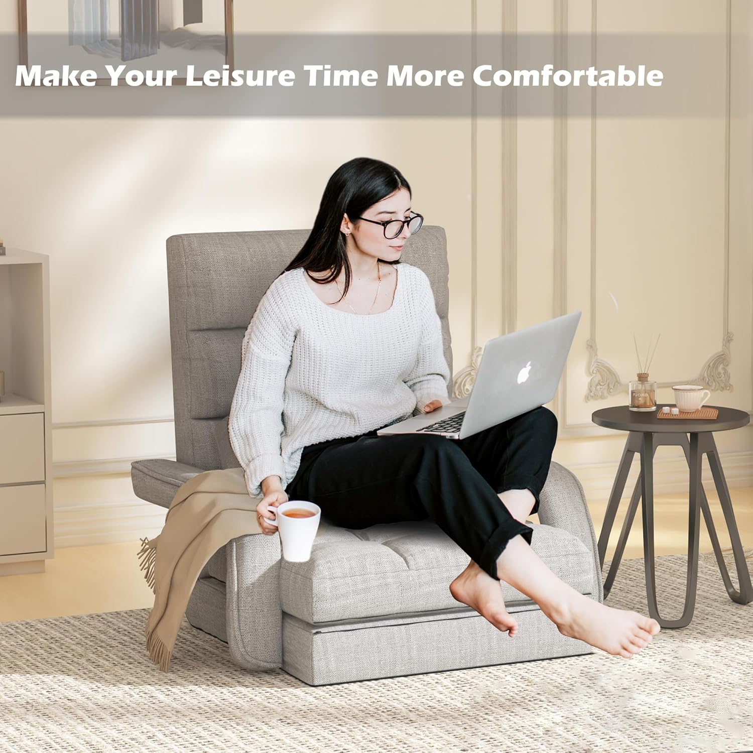 DHMAKER Folding Floor Chair, Floor Gaming Chair with Back Support, 6 Adjustable Positions Chaise Lounger Sofa Indoor, Breathable Fabric Floor Lazy Sofa Chair Bed for Living Room, Bedroom, Office