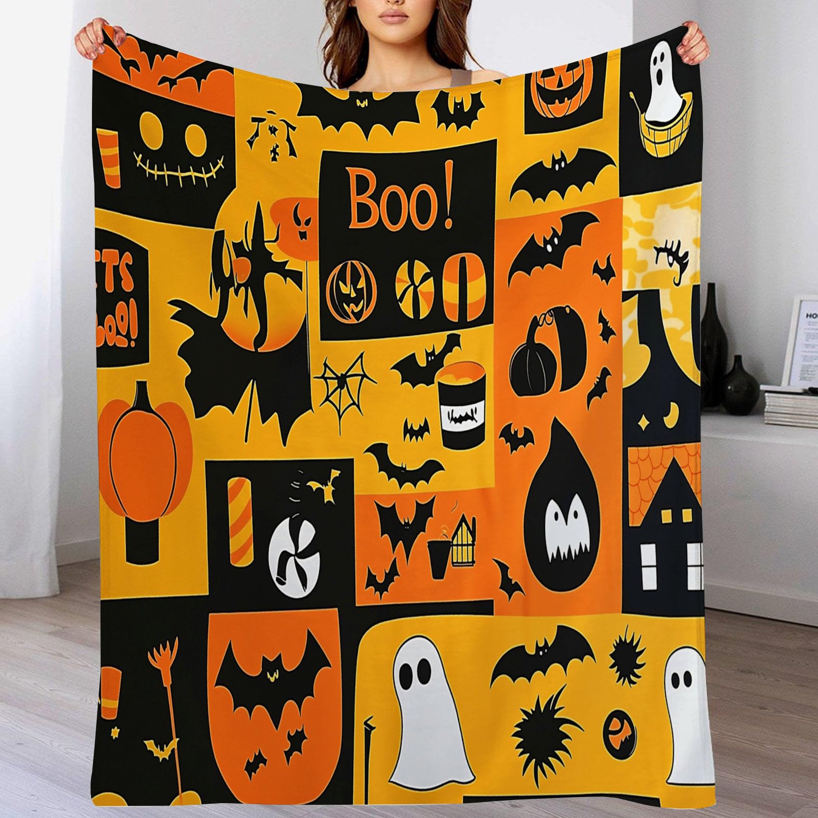 Plaid en flanelle moelleux pour soirée Halloween couverture lit jaune 220x240cm
