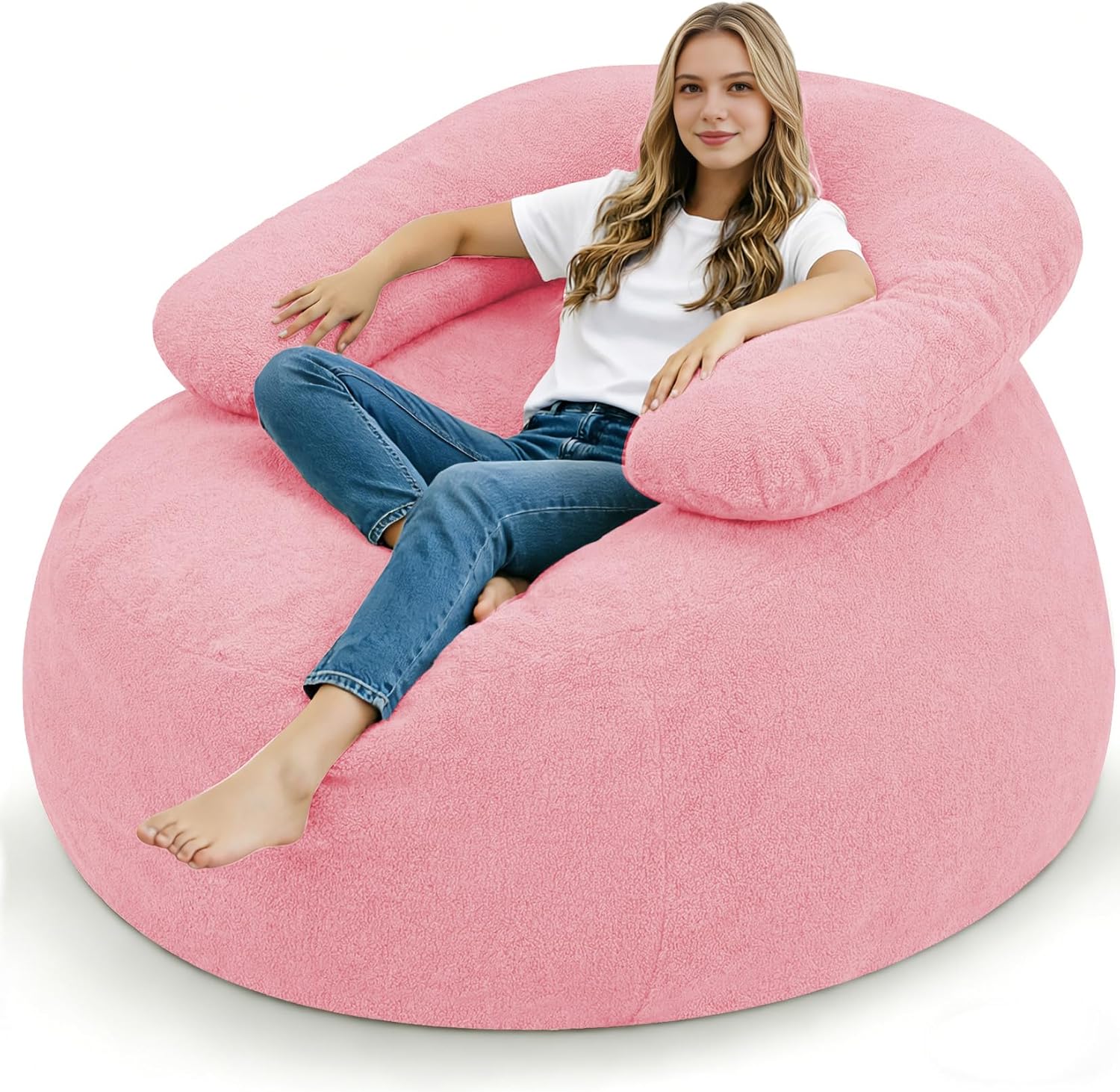 HABUTWAY Giant Bean Bag Chair, Oversized Beanbag Chair with Filler, Ultra Soft Teddy Fleece Bean Bag Lounge Floor Sofa w/U-Shaped Pillow for Gaming, Reading, Black & Black