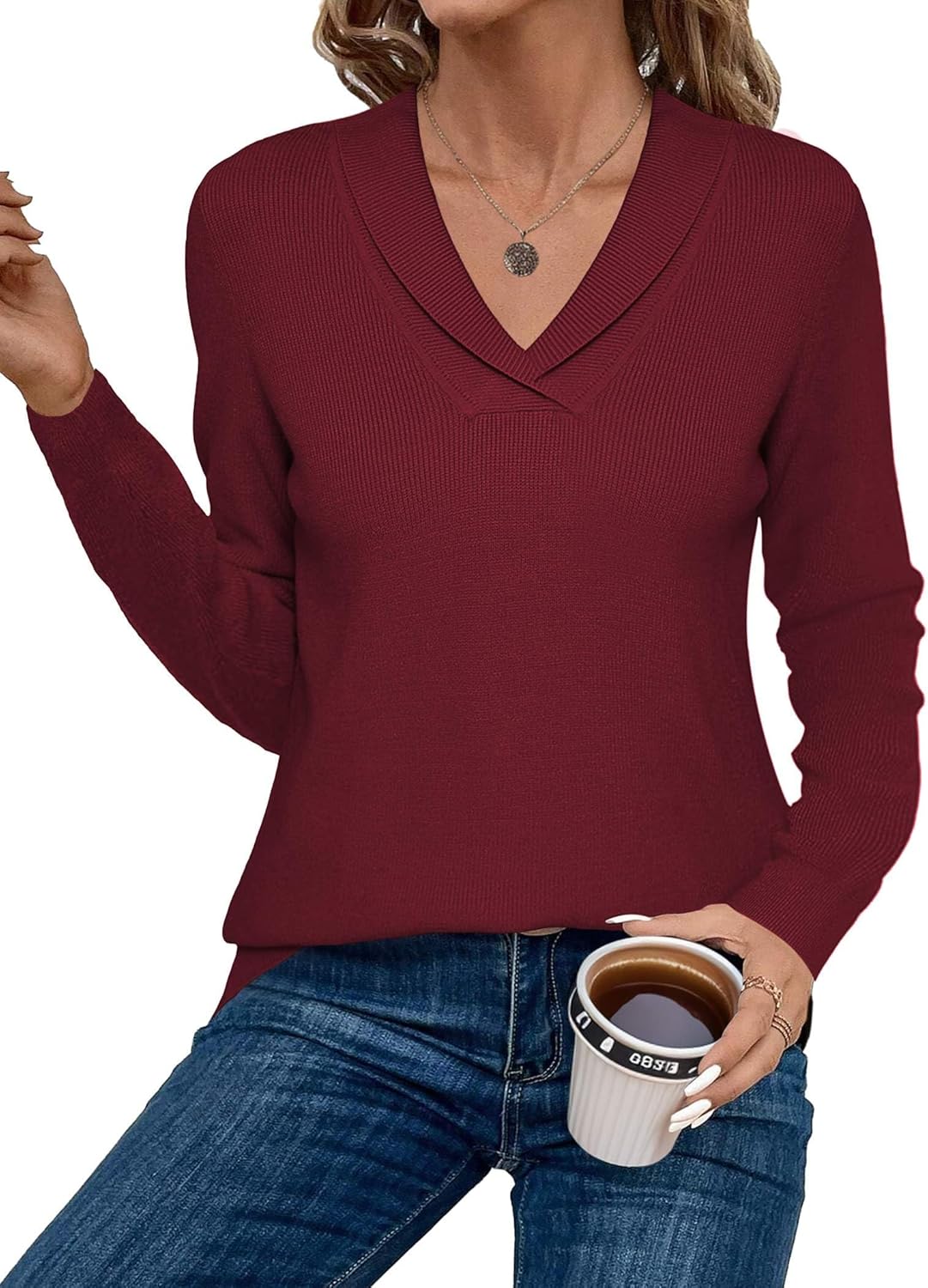 Zeagoo Womens Sweaters Fall Fashion 2025 Long Sleeve Tops V Neck Business Casual Collared Knit Tunic Pullover Outfits