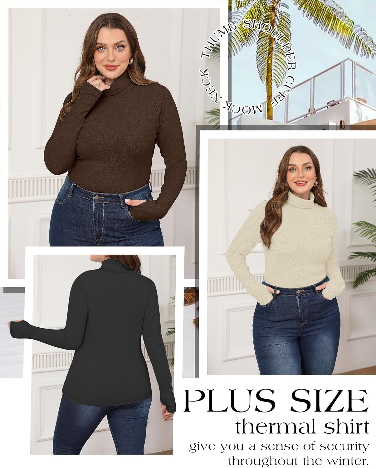 3 Pack Women's Plus Size Thermal Turtleneck Long Sleeve Fleece Shirts, Raglan Sleeve Thumbholes Layering Tops