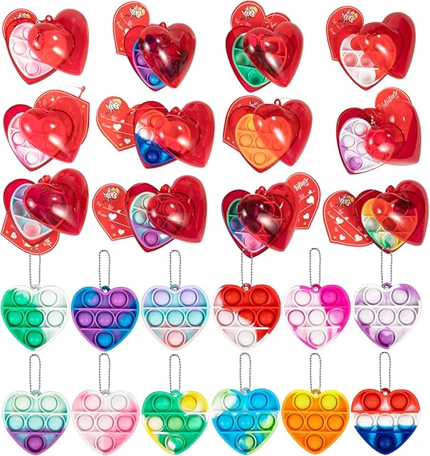 Guass Kids Valentines Gifts Mini Pop It Set 12 Pack Valentine's Day Heart Boxes with Fidget Keychains and Gift Cards for Kids School Class Exchange Gifts Valentines Party Favors, Red
