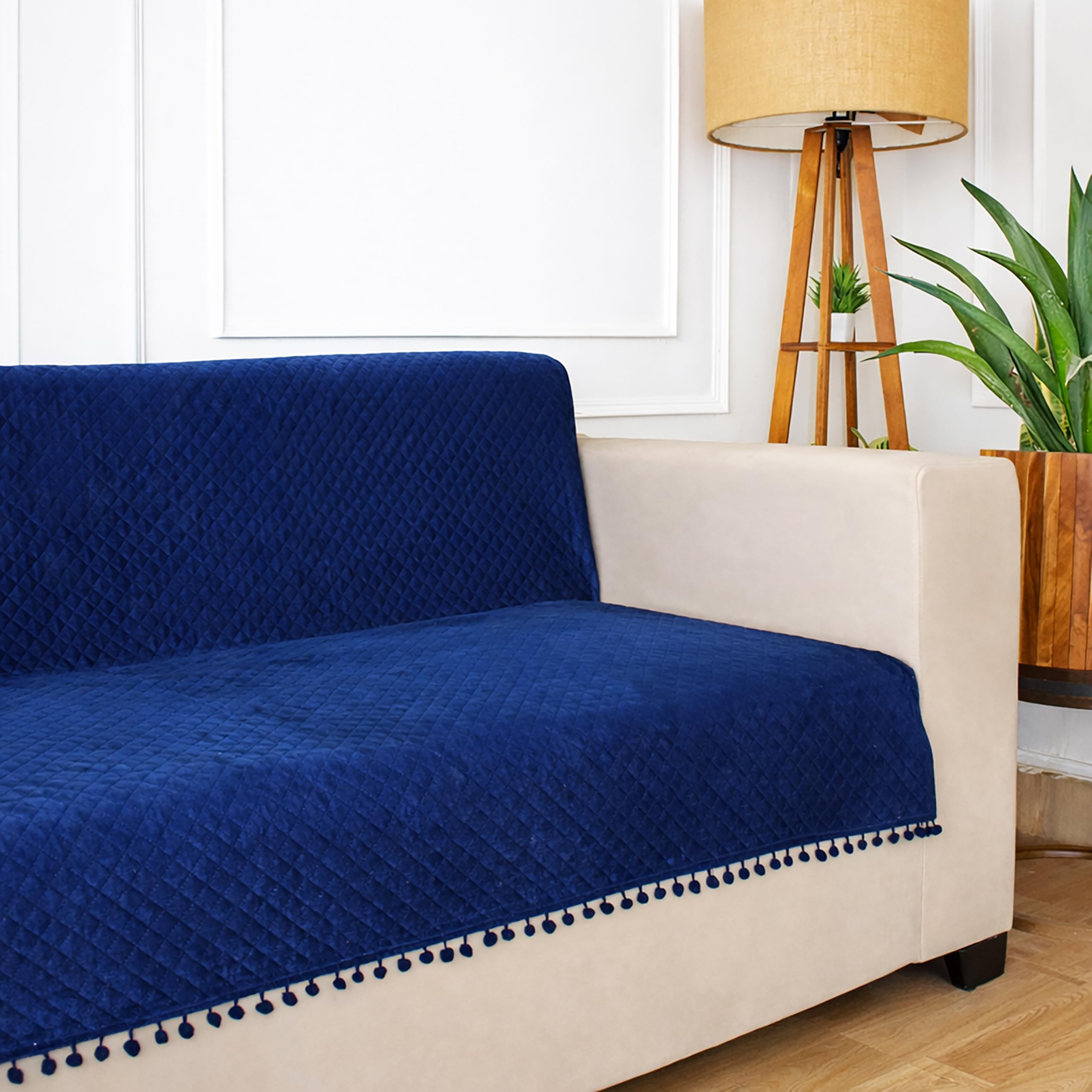 STITCHNEST 'Maison Plush Series' Quilted Velvet Sofa Cover 3+1+1 Seater Fully Covered | Premium Soft Fabric, Washable & Fade Resistant | Blue Sofa Protector with Pompom | 5 Seater