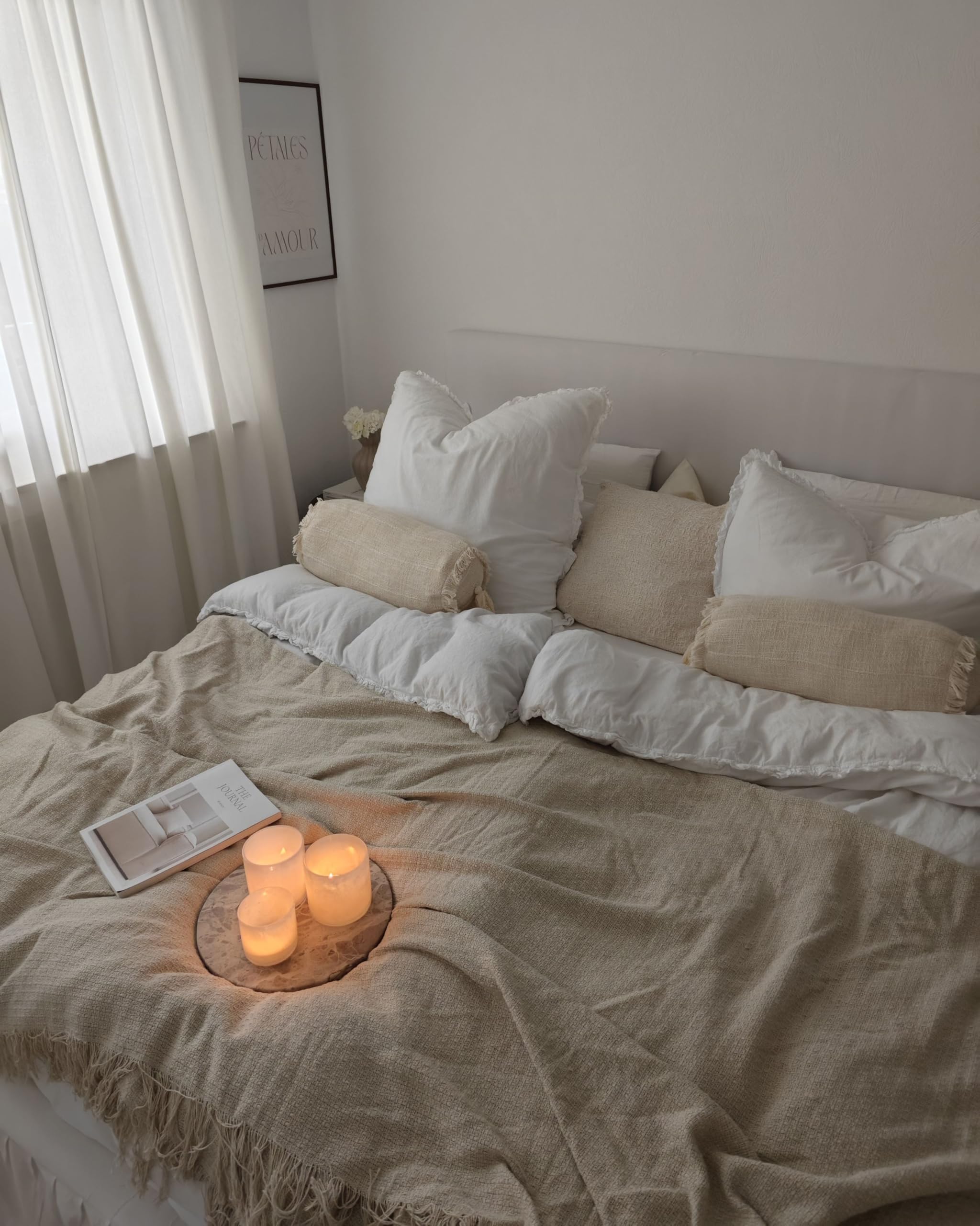 Tagesdecke Baumwolle creme weiß 220x240 cm mit Fransen modern Yerbent