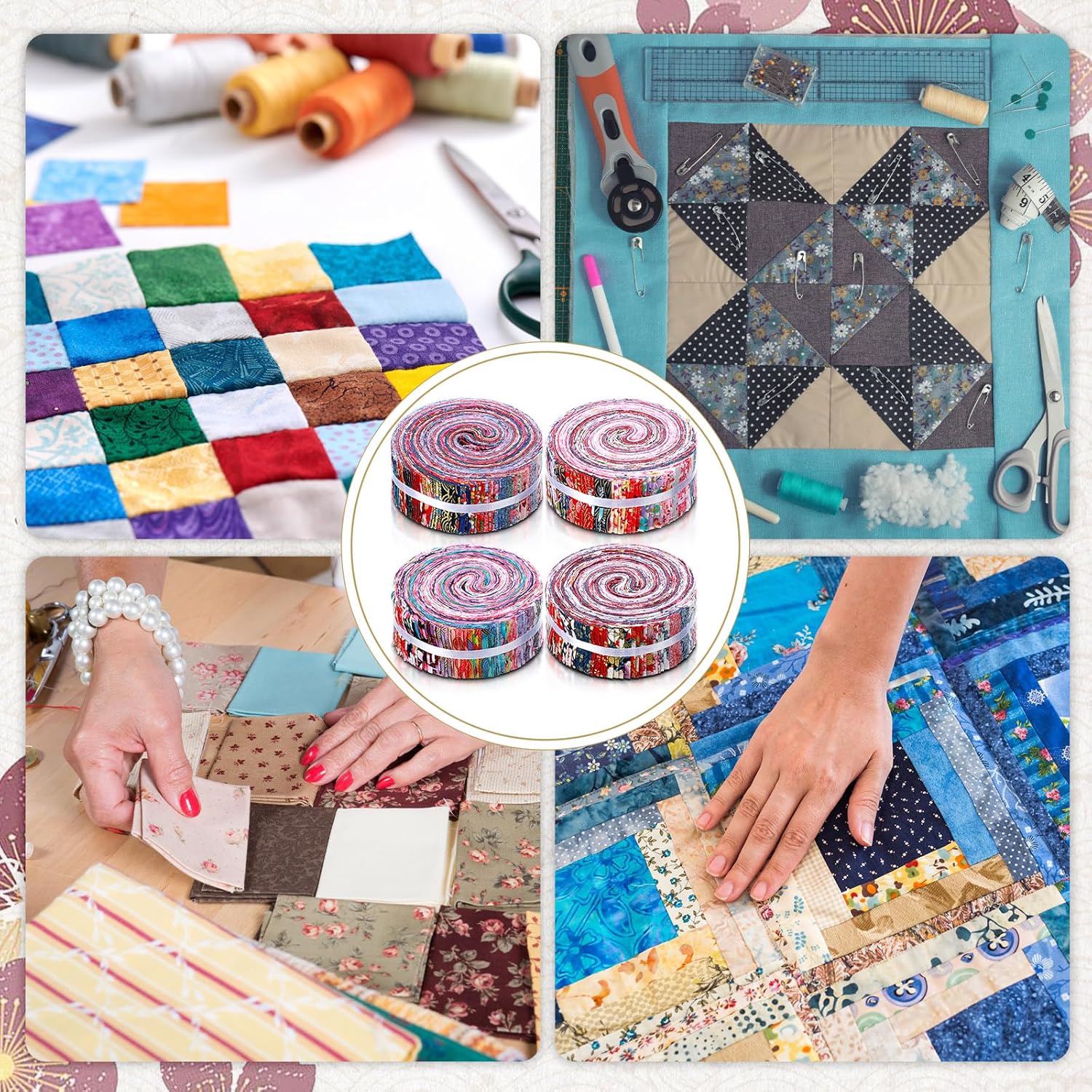 SmoothNovelty 160 Pcs 4 Rolls Japanese Jelly Fabric Strips for Quilting, Cotton Fabric Roll 2.44 Inch, Assorted Patterns Patchwork Craft for Quilters Sewing DIY Crafts Supplies