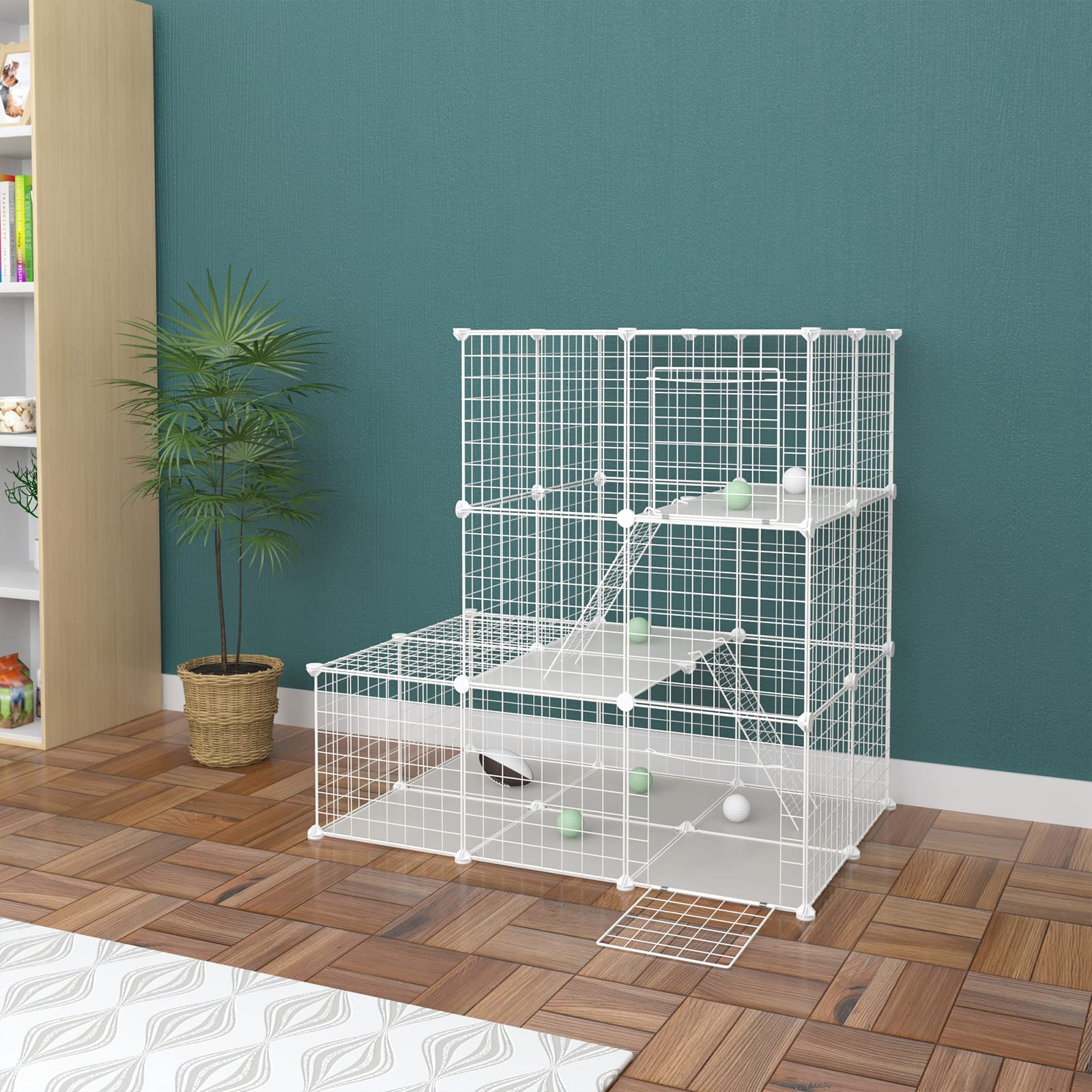 EUGAD Enclos Lapin avec Fond, Cage Cochon d'Inde, Modulable, avec 2 Portes et 2 Échelles, Blanc, 110x75x110cm
