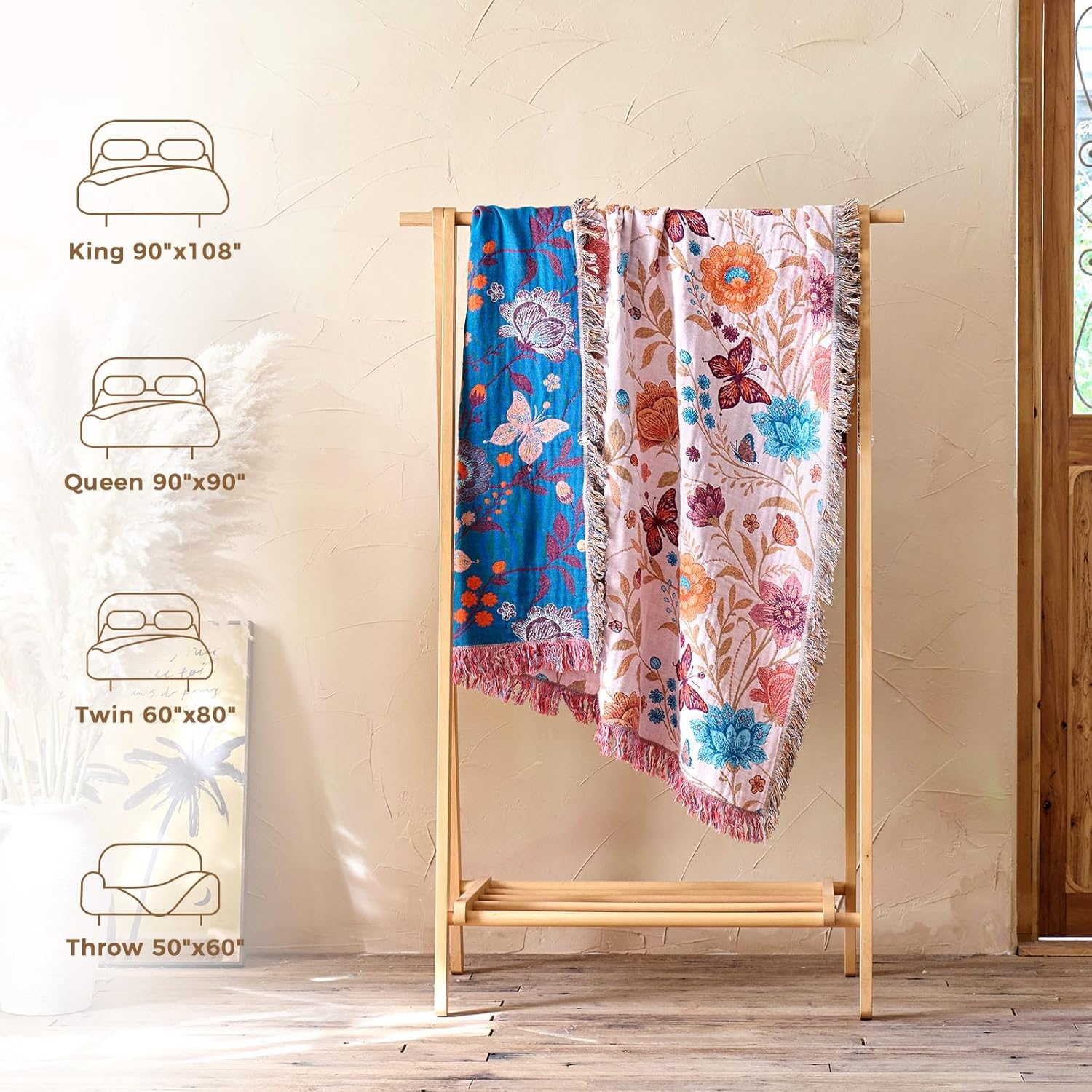 Boho Throw Blanket for Couch Sofa Chair Cotton Blankets for Bedroom Living Room All Season Soft Lightweight Reversible Floral Butterfly Embroidery Decorative Throws 50"x 60" Home Decor - Image 6