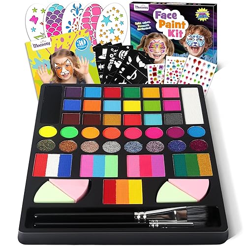 Mocoosy Kit de pintura facial de 41 colores para niños, paleta de pintura facial no tóxica activada por agua con plantillas, pinceles, gemas, kit de