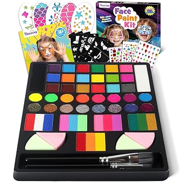 Mocoosy 41 Color Face Painting Kit for Kids, Non-Toxic Water Activated Face Paint Palette With Stencil, Brushes, Gem, Professional Body Makeup Kit for Cosplay Party, Carnival, Birthday, Costume Party