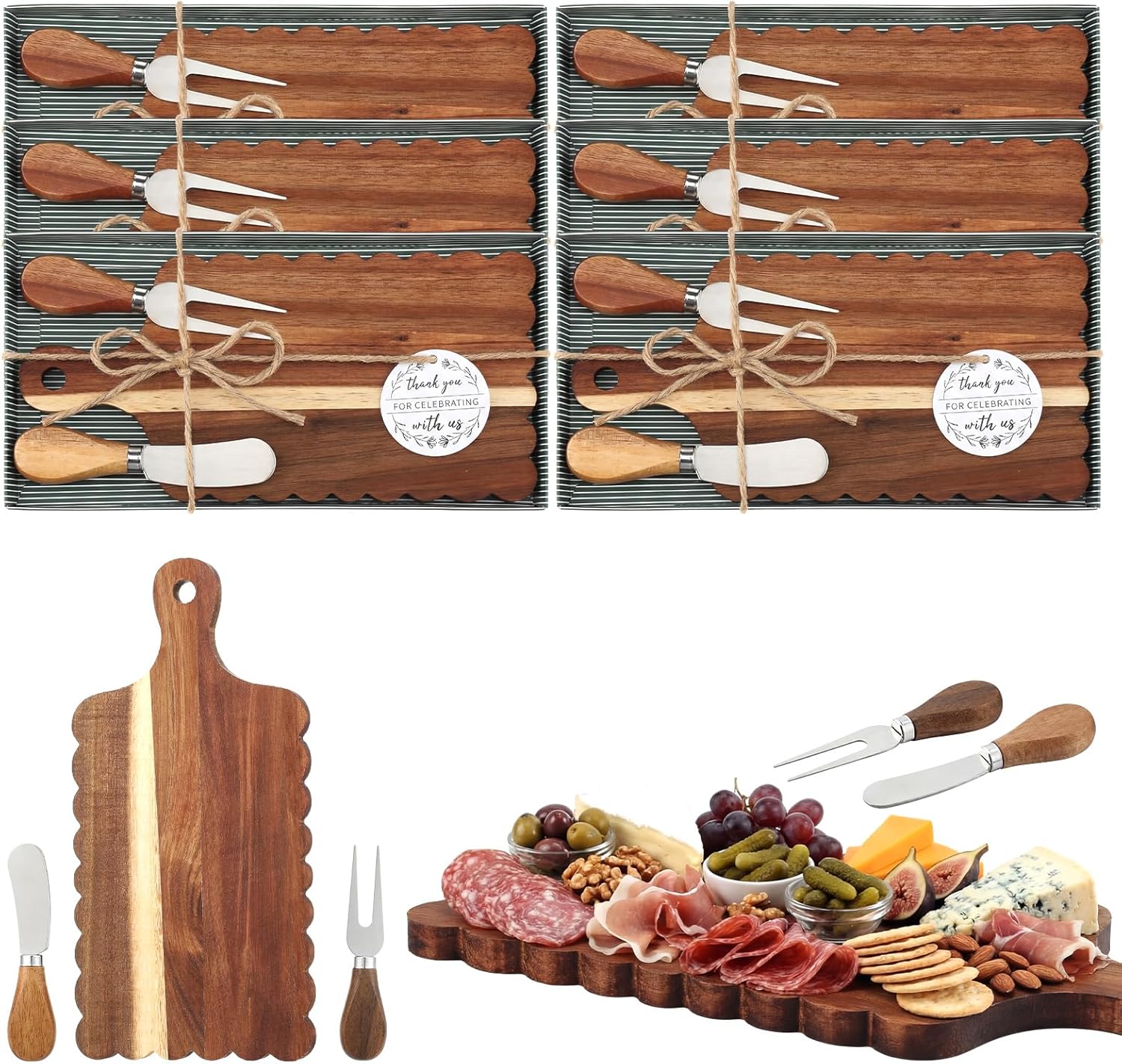 LemonRoad 6-Pack Scalloped Acacia Wood Charcuterie Boards with Cheese Knives, Forks & Gift Boxes - Bridal Baby Shower Favors