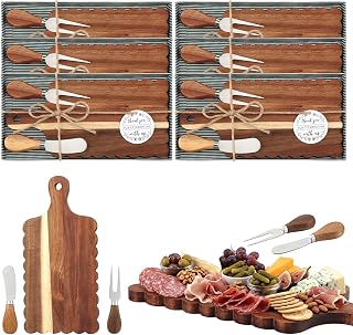 LemonRoad 6-Pack Scalloped Acacia Wood Charcuterie Boards with Cheese Knives, Forks & Gift Boxes - Bridal Baby Shower Favors