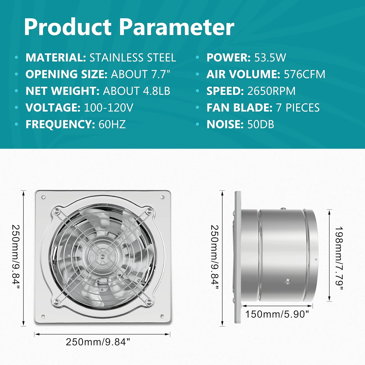 HG Power 8 Inch Kitchen Ventilation Fan Kit - 8" Exhaust Fan + 8" 8FT Dryer Vent Hose for Home Office Inductrial HVAC System Ventilation Use