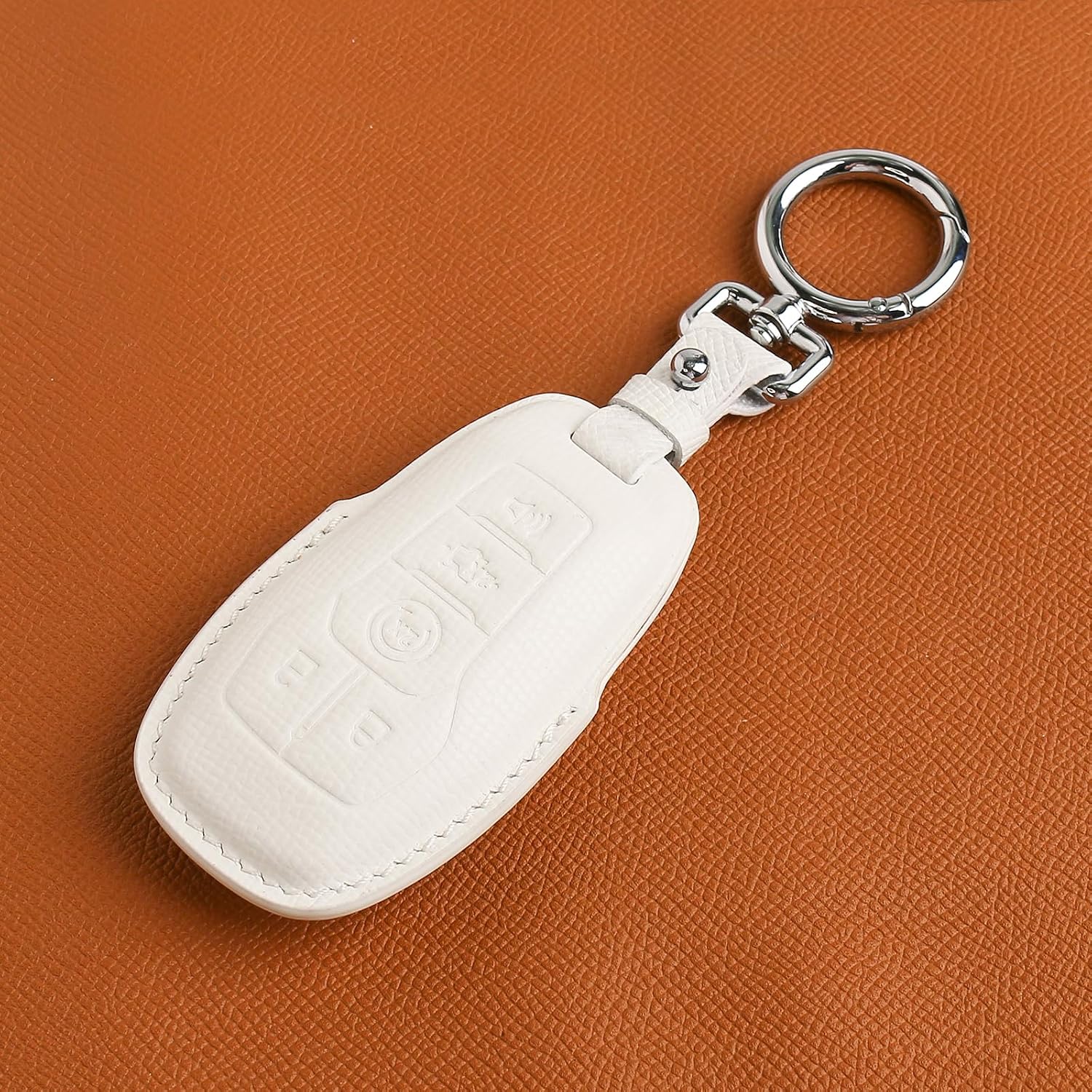 Leather Key Fob Cover with Keychain, Compatible with 2013-2016 Ford Fusion, 2015-2017 Ford Mustang, and F-150 Explorer Smart Key (White)