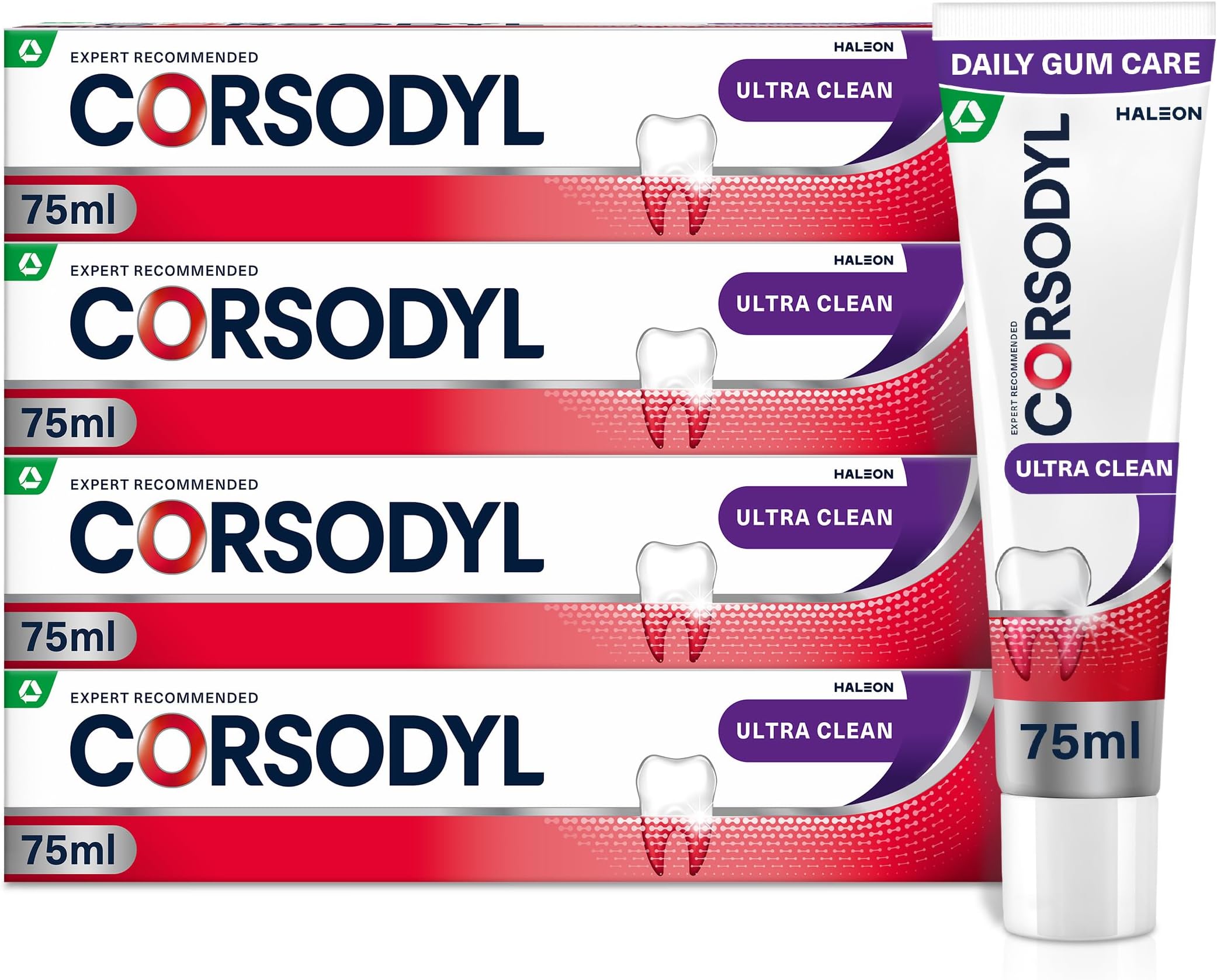 Corsodyl Toothpaste for Bleeding Gums & Gum Care, Daily Fluoride Toothpaste for Plaque Removal, Ultra Clean, 4 x 75ml