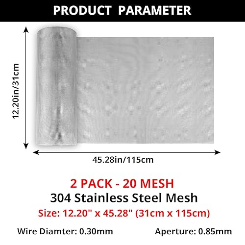 Miniatura 3 de 2 rollos de malla de alambre tejida de acero inoxidable 304, malla ANGELIOX 20 de malla de ventilación de 12 x 45 pulgadas (12.2 in x 45.3 in), hoja
