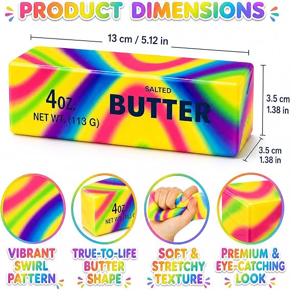 2 Pack Rainbow Butter Toys,Butter Foam Balls, Realistic Butter Stick, SoftNovelty Toy for Adults Office Home Gifts