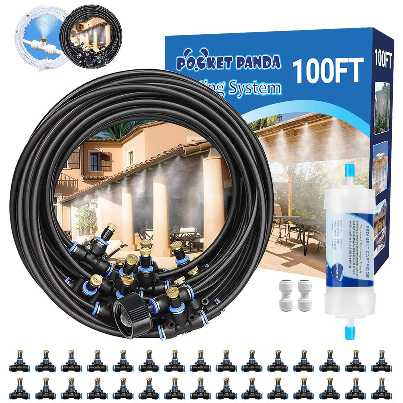 POCKET PANDA Misters for Outside Patio, Outdoor Water Misting Cooling System w Filter,100FT|30M. Backyard Mist Kit for Garden, Greenhouse, Fan,Deck,Umbrella