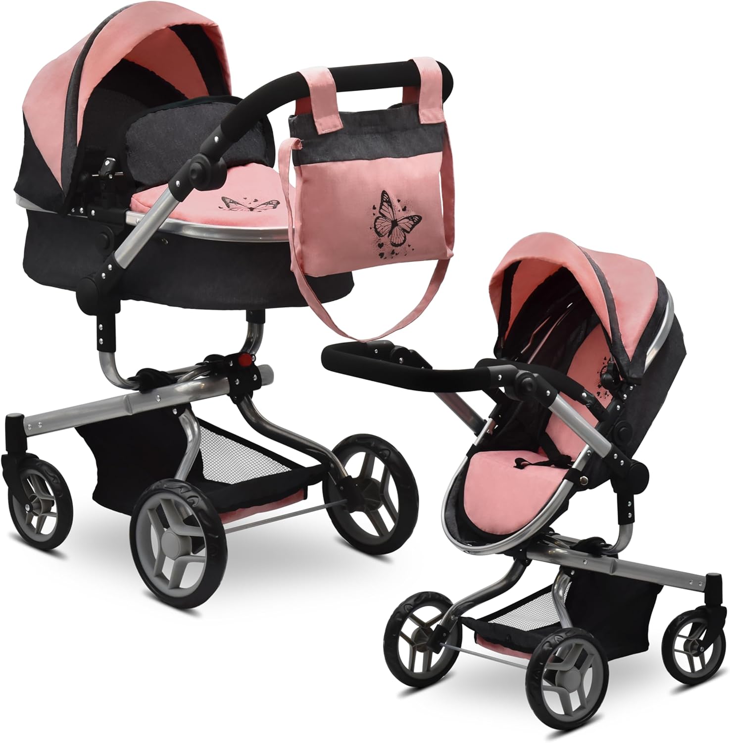 Convertible Baby Doll Stroller Realistic Pram 2-in1 Carriage with Bag Foldable Toy Canopy Basket Adjustable Handle Rotating Wheels Pretend Play Girl Kid Toddler - Image 1 of 7