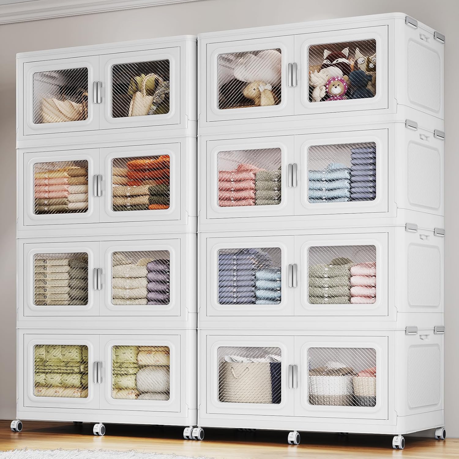 440Gal Extra Large Stackable Storage Bins with Lids & Wheels – Heavy Duty Collapsible Plastic Cabinets, Open Front Door for Effortless Clothes & Sundries in Home & Office, White 8 Pack