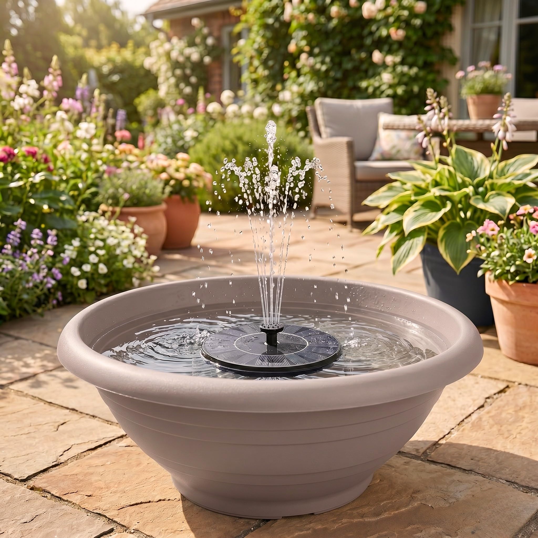 matches21 HOME & HOBBY Outdoor Solar Fountain Set with Battery – 60 cm Bowl Taupe with Floating Solar Fountain