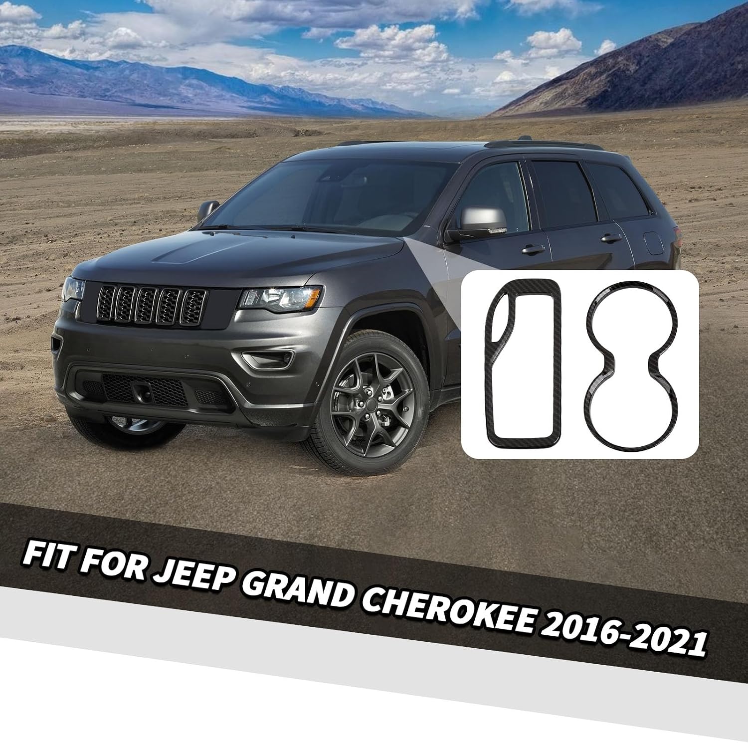 Jimen Fit for Jeep Grand Cherokee 2016-2021, 2PCS Front Cup Holder Trim Overlay & Gear Shift Cover (Carbon Fiber)