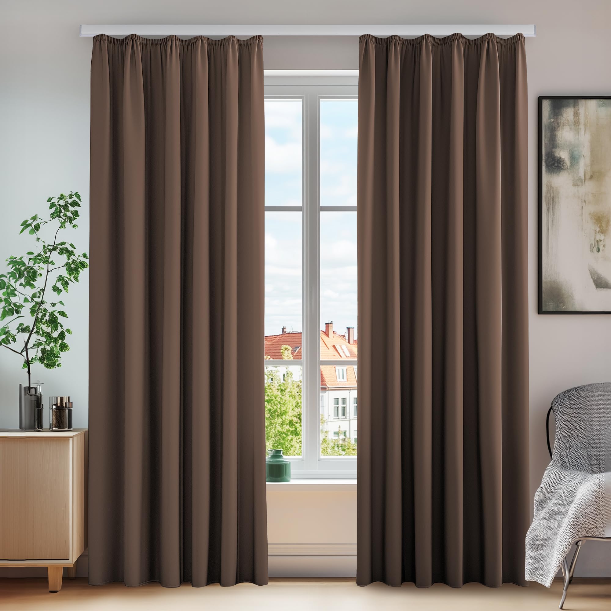 Deconovo Thermovorhang Gardinen mit Kräuselband Blickdicht Lärmschutz, 160x140 cm(HöhexBreite), Braun, 2er Set