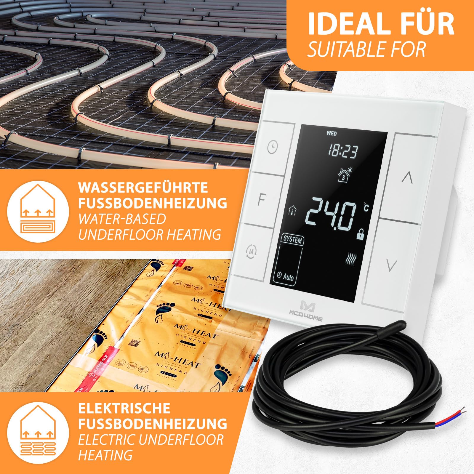 MCO Home Z-Wave Raumthermostat MH7H-EH für Fußbodenheizung & Infrarot-Heizung/Z-Wave Smarthome kompatibel weiß