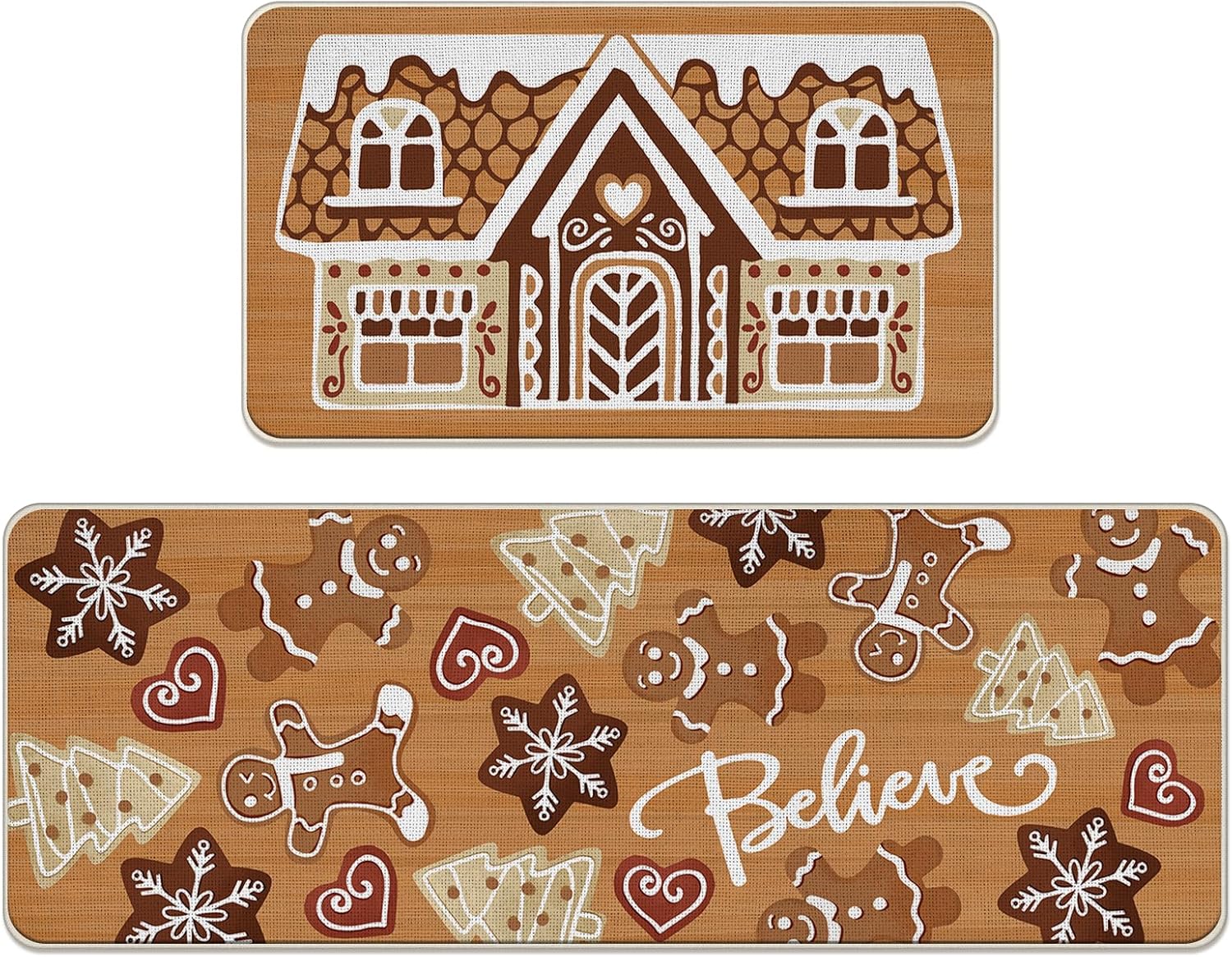 Christmas Gingerbread Man Kitchen Rugs Set of 2, Pink Xmas Peppermint Candy Kitchen Mats Decor, Funny Winter Floor Door Mat Home Decorations - 17x29 and 17x47 Inch