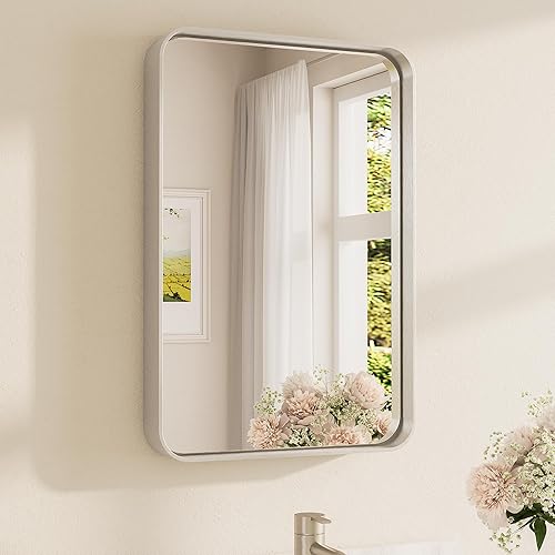 Miniatura 99 de TETOTE Espejo con marco dorado cepillado de 48 x 24 pulgadas, espejo de tocador de baño de latón para pared, moderno espejo rectangular de esquina