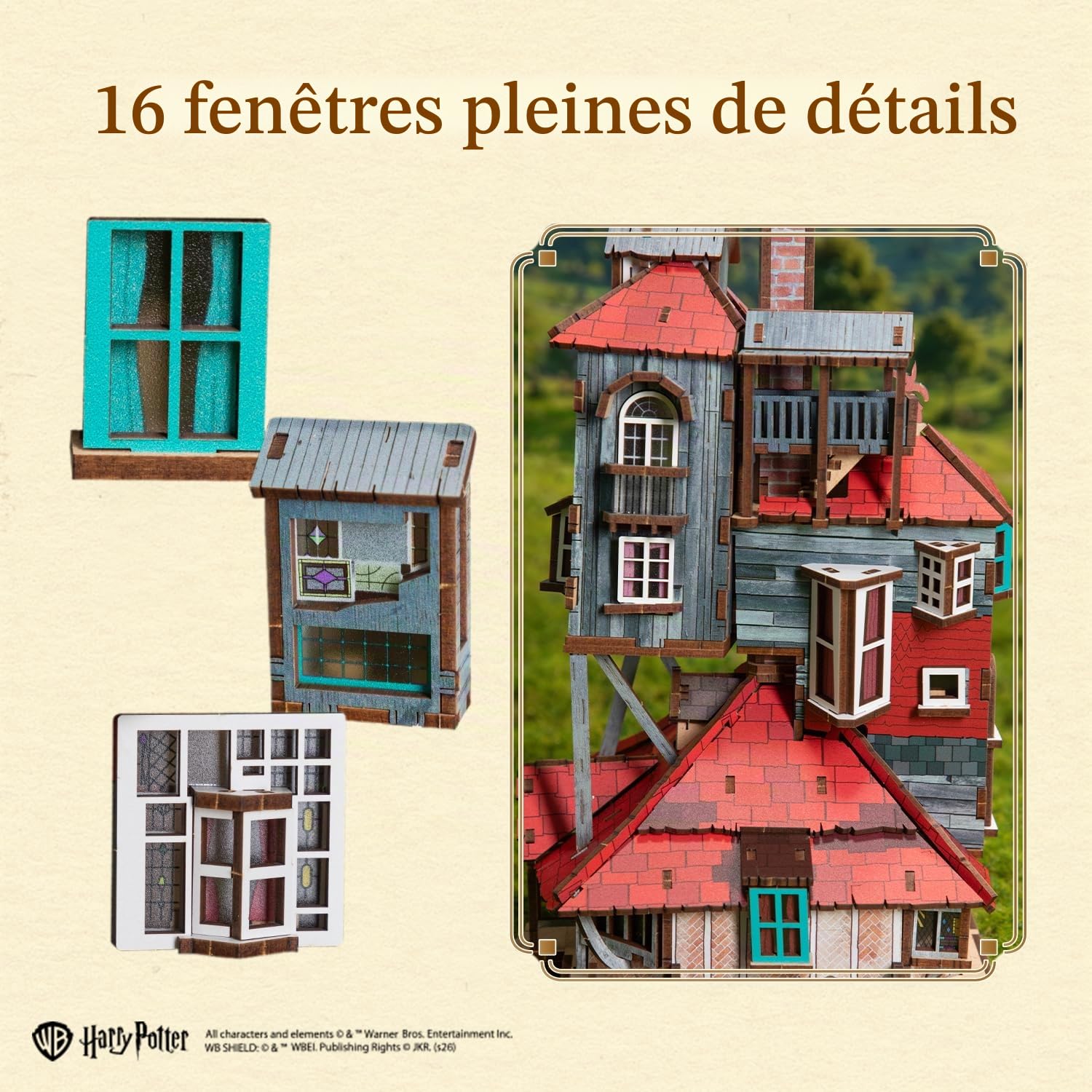 PUREMIND Harry Potter Le Terrier Puzzle 3D en Bois, Maison Weasley à Monter | Sous licence officielle, cadeau Harry Potter, sans colle, portes ouvrantes, 16 fenêtres, maquette de collection, déco vitrine