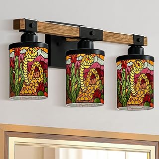 3-Light Bathroom Light Fixtures Desert Cholla Stained Glass Art Print Farmhouse Wood Vanity Lights Over Mirror Wall Lamp with Glass Shade Wall Sconces for Living Room