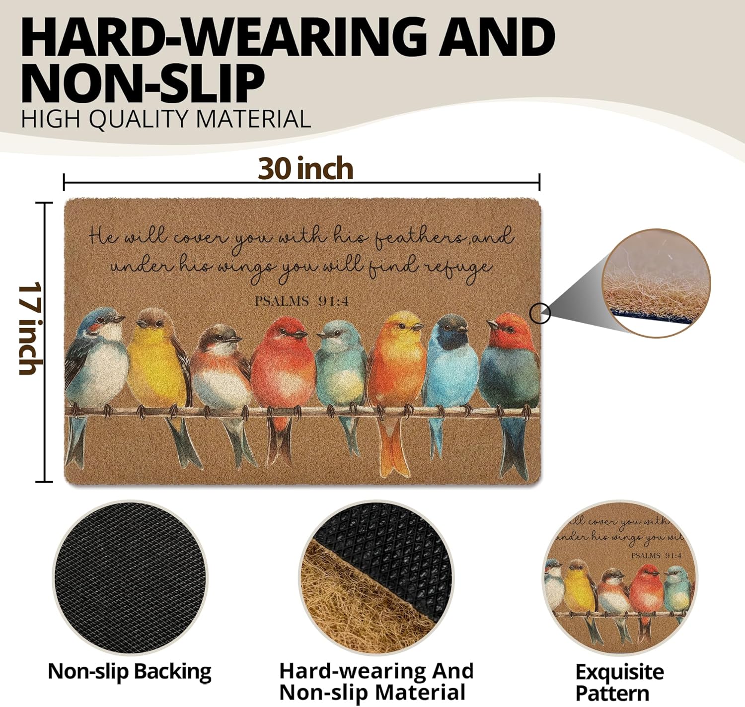 Christian Door Mat, Bird Doormat, He Will Cover You with His Feathers Doormat, Bible Verse Welcome Front Door Mat, Scripture Artificial Coir Doormats Rugs for Patio Entry Home Decor, 30x17in