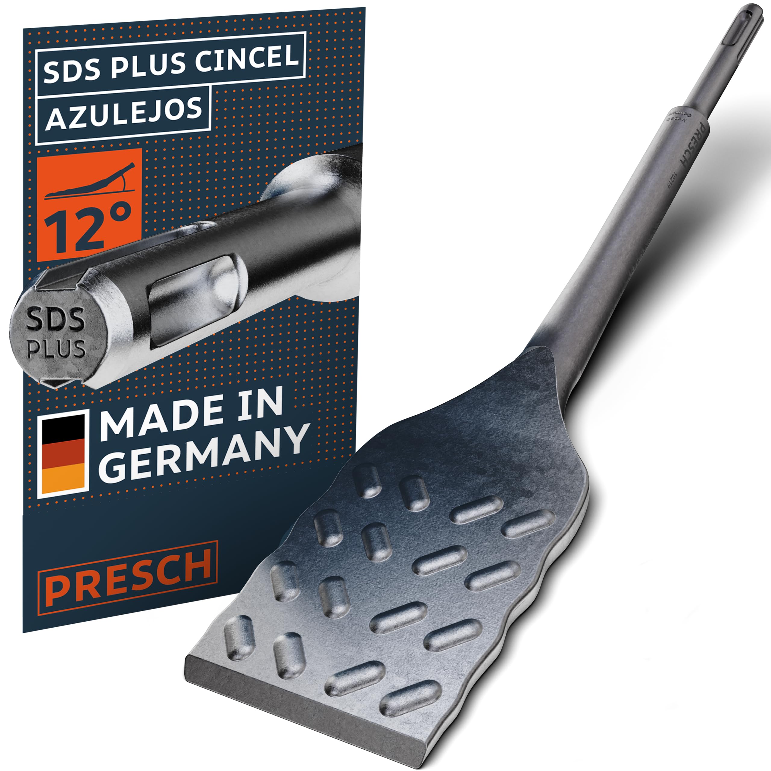 PRESCH SDS plus Cincel Azulejos - Extra largo (250mm) - Bord de corte extremadamente duradero (50mm ancho) - Acodado para facilitar la extracción de azulejos - Acero de alto rendimiento