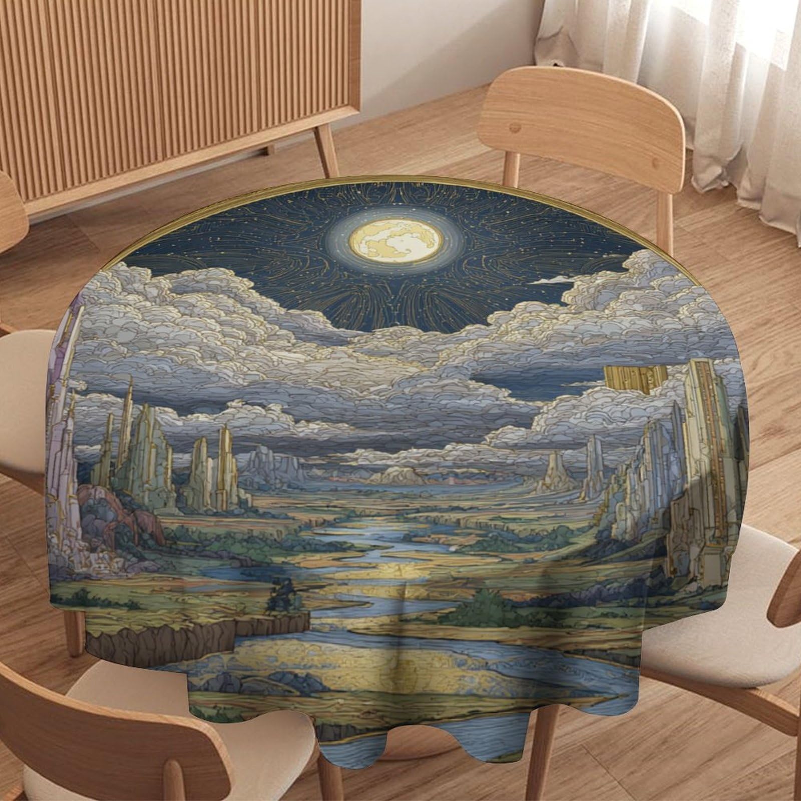 LUYYSKY Colorful Fantasy Archway Round Tablecloth Abstract Aesthetic Full Moon Starry Sky Outer Space Galaxy Washable Decor for Table Cover for Kitchen-127 Wx127 L cm